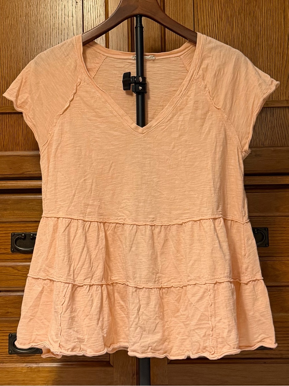 Altar’d State Tiered Babydoll Slub Knit Cotton Raw Hem Ruffle Peplum Peach Tee